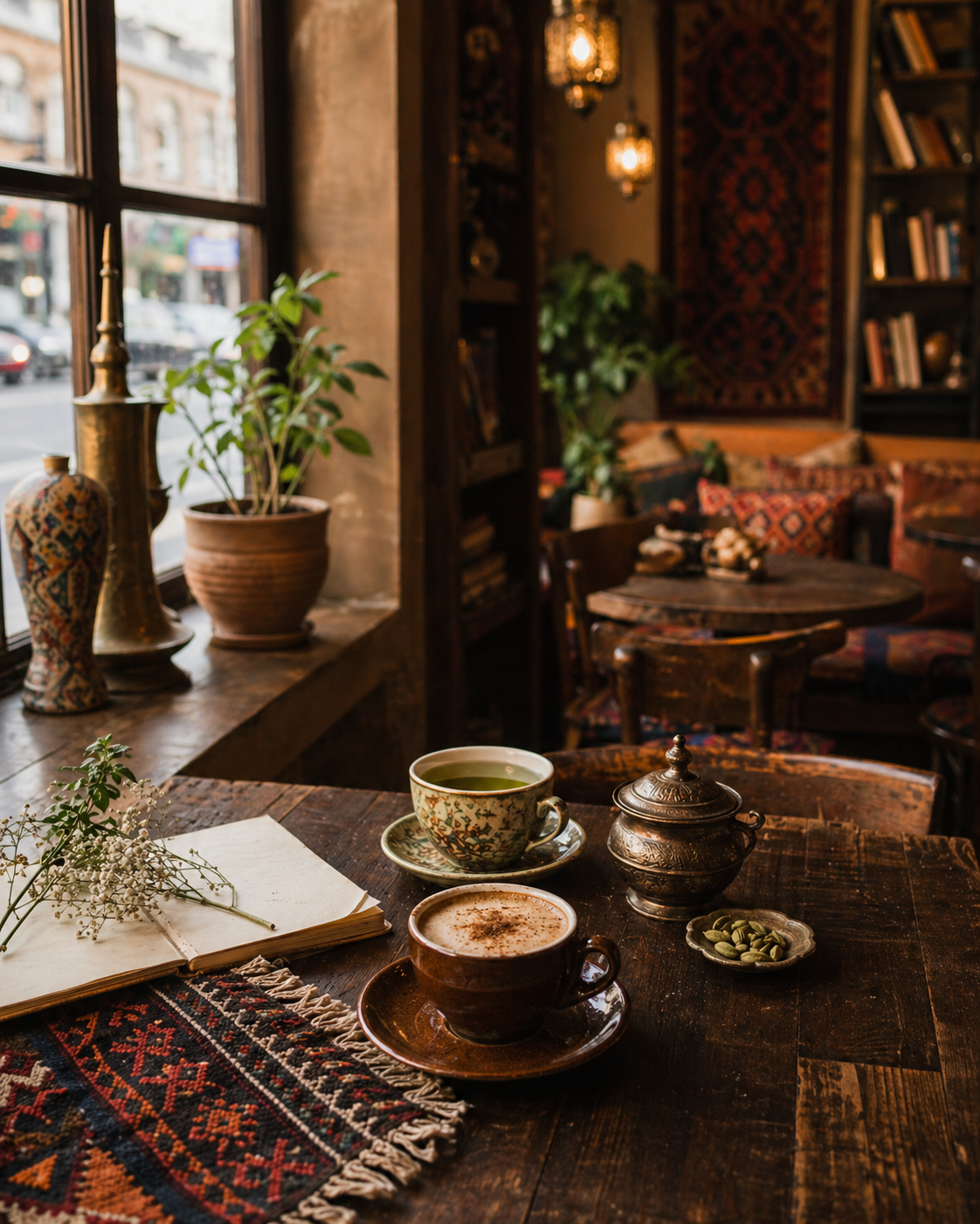 Warme Cafe Diwan Atmosphäre mit Kaffee und Tee